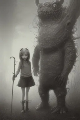 cute girl and litlle monster, Style John Kenn Mortensen,