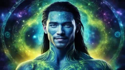 beautiful gorgeous young man na'vi with long hair, Avatar, blue skin, two small ears, green eyes, black hair, in cosmic suit, galactic ambiance, medium pointy goatee , smiling, nebulas and sacred geometry light figures on the backgroud,