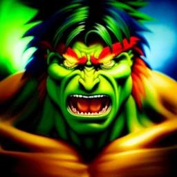 Ultra detailed fullbody Portrait in oil on canvas of Street Fighter- Blanka,extremely detailed digital painting,ultrarealistic skin,intense stare, extremely detailed face, crystal clear eyes, mystical colors ,perfectly centered image, perfect composition, rim light, beautiful lighting,masterpiece ,8k, stunning scene, raytracing, anatomically correct, in the style of Simon Bisley and Ohrai Noriyoshi and robert e howard and Steve Jung and frank frazetta.