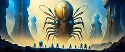 Towering insectoid civilization carved into metallic cliffs, glowing hive structures, synchronized ant-humanoids standing in formation, golden mist and blue fog, massive scale, sci-fi colony superstructure, airbrush fantasy poster, alien grandeur