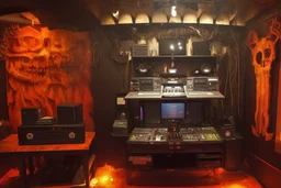 DJ of the damnded, insanely detailed DJ booth in hell, MID set, speakers and equipment made of bone, anatomically correct,