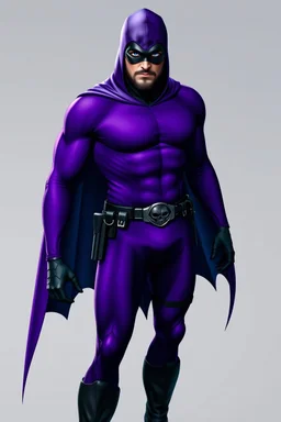 full-length, A portrait of a the Phantom, a man with piercing blue eyes, a chiseled jaw, goatee, timeless face, stern expression, Wearing a skintight formfitting purple cotton hero suit with a skintight cowl with a widows peak that fits tight to his head, but does not cover his face, he wears a thin, black leather, bandit eye disguise over his eyes, black and blue diagonally striped trunks, dual-holstered pistol belt adorned with a triangle skull-shaped buckle with leg straps, knee-high boots