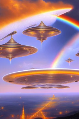 Very beautiful ufo, futurist, intergalactic, mother ship, ashtar command, interdimensionnal, rainbow