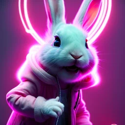 pixar style anamorphic cute cyberpunk rabbit baby, smiling, full body, magenta puffer jacket, manila city backdrop, hyper realistic, unreal engine 5, 16k