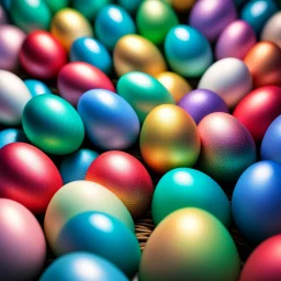 digital photograph of off-center modern basket colorful Easter eggs. eggs display intricate textures in azure, emerald, blush,red, crimson,gold, sapphire,metallic cinematic HDR backlighting highlights subtle dimples and glossy reflections, with shallow depth of field softening the sunlit background. hyperrealistic 8k resolution,