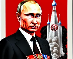 Russia president Vladimir Putin, evil fangs, blood and Moscow in fire atomic bomb cudgel