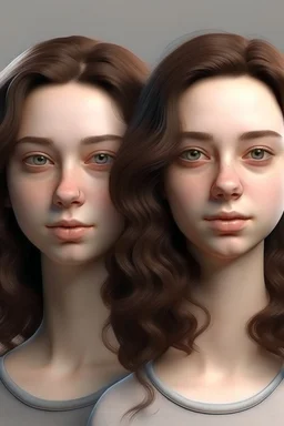 Adult Twin sisters with brunette hair. Hyper realistic.