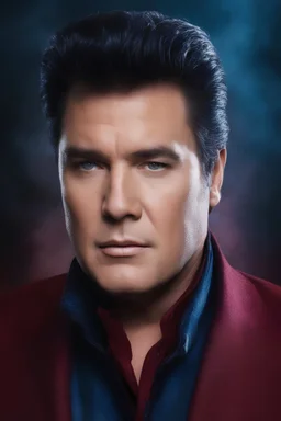 facial portrait - Elvis William Shatner - 32k, UHD, 1080p, 8 x 10, glossy professional quality digital photograph - dark blue and dark red, and light maroon and purple and foggy black gradated background, historic, powerful, octane rendering, exquisite detail, 30 - megapixel, 4k, 85 - mm - lens, sharp - focus, intricately - detailed, long exposure time, f8, ISO 100, shutter - speed 1125, diffuse - back - lighting, ((skin details, high detailed skin texture)), (((perfect face))), (perfect eyes))