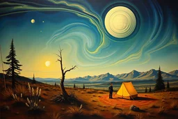 Dali's surrealist style, re-construct, paintings of Edward Hopper,A person, wilderness, camping