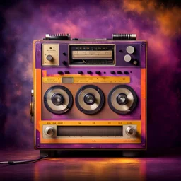 Hyper Realistic Photographic View Of a Vintage Music-Tape-Recorder with groovy multicolored-Dark-Grungy-background (Orange, Yellow, Purple, Maroon & Golden).