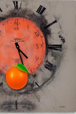 portrait, an orange with a clock embedded in its skin, AbstractTech clockpunk