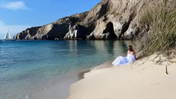 A serene coastal landscape featuring a sandy beach with intricate patterns, lush rocky cliffs in the background, and a calm sea with a distant sailing boat. A figure in a flowing white gown lies peacefully on the sand, surrounded by sparse vegetation. The sky is bright with soft clouds, evoking a sense of tranquility and dreaminess.