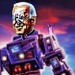 CRAZY Joe Biden caricature, cyberpunk, landscape, transformers, hi-tech robots, GUITARS, cinematic, highly detailed, close up, 4k, deep colors, gold, fire, red, purple, dark, ethereal, utopia, apocalypse, flying Cadillac, from outer space