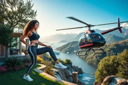 very beautiful lady with beautiful sports pant and top and sports shoes with curvy hair with a nice helicopter flying in a nice villa yard with trees flowers ,in country side in floor of beautiful mountains ,sea with ships ,water falls ,