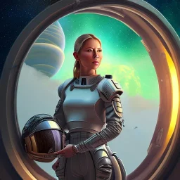 centered portrait of female soldier sitting on throne, wearing no helmet, by a starship window with weird vegetation and a view to the milky way, hi detail, book cover illustration