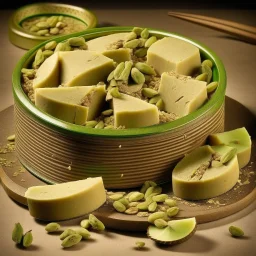 A round box of halva, surrounded by pieces of pistachios and pieces of halva