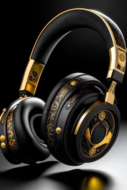 a heavy metal themed pair of headphones. wireless with black and gold. add a flexing arm image to the side of the ear piece