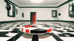 A captivating and surreal portrait of a room corner, featuring a checkered floor and green and white walls. A red and white striped hollow ring hovers in the air, defying gravity, while a reflective sphere with a checkerboard pattern floats nearby. A mysterious black object lies on the floor, casting an intriguing shadow. In the background, a wooden table with a vase of fresh flowers sits beside a potted plant, adding a touch of natural beauty to the scene. The light source from the ceiling cast