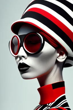 minimalist portrait photography, digital art, opart, woman face painted red, black and white dress, round black sunglasses, black and white swimming cap, side view by Franck Gerard