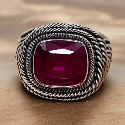 ruby signet ring with braided tungsten and titanium, braided band, brushed steel, men's jewellery