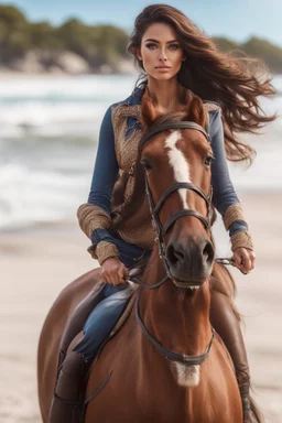 Social media influencer. Hyper realistic. Brunette. Brown eyes. Exotic. Athletic. Glamorous. Riding horse on the beach.