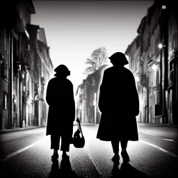 album cover a old woman walk in streat in dark night , some evels hiden in road