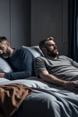 sitting next to a man, that is sleeping on a bed