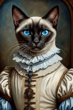 Renaissance Portrait of a Siamese cat wearing classic mediveal outfit, oil painting texture, piercing blue eyes