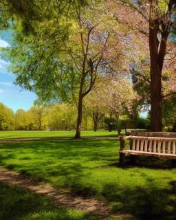 park fantastic dream, park bench, trees, birds, sunshine, pastel colors, detailed, soft , focus,