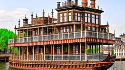 large wooden Victorian pleasure steamboat flying above a city, balconies, verandas