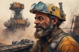 A Norman rockwell distant portrait of a smile beard colored tattoo middle-age construction worker, wearing safety, while operating on a giant heavy mining structure robot machinery, view from outside the cockpit, Extreme dust smog foggy mining environment scape, cinematography, by pascal blanche rutkowski, MAD MAX fury road style, artstation hyperrealism painting concept art of detailed character, by pascal blanche rutkowski, hyperrealism painting