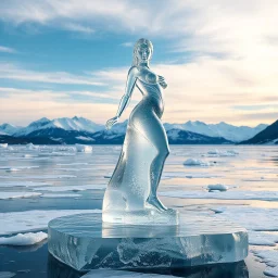 in a frozen sea with pretty mountains a full lady ice statue in artist pose standing over a ice block looking at camera, of clear glass like ice that going to melt and water drops fall from all body.