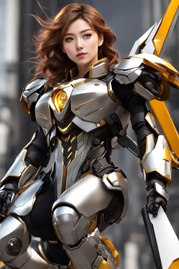 Front view excited realistic HD photograph,angel mechines,realistic photo beautiful anime digital human anime woman,full body,mechanical armor silver chromecast shine.style: details digitalphoto