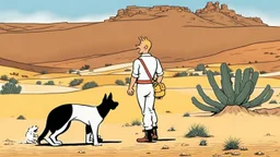 Tintin and his dog in the desert