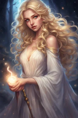 26-year-old sorceress, with long wavy blonde hair that fell over her shoulders, brown eyes, dressed in a long nightgown, carrying a luminous wand in her hand