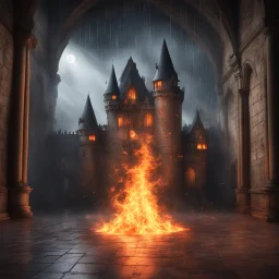 Hyper realistic fire burning inside a castle hall giving it a haunted view with raining fireballs at night between mountain