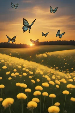 Butterflies flying up from a field of dandelions at sunset