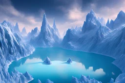 A small frozen crystal blue lake centered around snowy mountains, high resolution, realistic, beautiful, volumetric lighting, colorful, masterpiece, crystalline, strong blue color, detailed, aerial view, 8K, intricate details, cyberpunk, cosmic