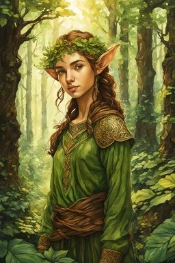 create an oil and watercolor full body portrait of a young, nomadic forest elf female fantasy art character, with highly detailed, sharply lined facial features, in the deep forest of Brokilon , finely inked, 4k in the style of Maxfield Parrish