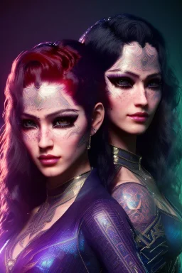 Matrix twins, 4k resolution, intricate details, ornate details, soft lighting, vibrant colors, retroanime, masterpiece, intricate eyeliner, dark eyeshadow, eyes, intricate tattoos, natural background, fae, sidhe