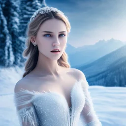 frozen winter rocky mountains cloudy sky, woman,delicate face, see trough dress, see through dress, sitting ,soft skin, soft and delicate lighting, ethereal, sharp focus.