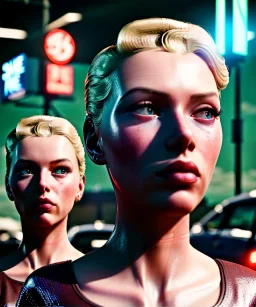 Ultra Realistic retro sci-fi movie Supermarket parking people scene, 1960 year, waist up view portrait, 2 clones blonde women, sweet scarlet Johansson face, perfect iris, glow eyes, face makeup, tight latex coat. many people looking, Retro sci-fi style, soft color, highly detailed, unreal engine 5, ray tracing, RTX, lumen lighting, ultra detail, volumetric lighting, 3d, finely drawn, high definition, high resolution.