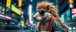 transparent biker weasel rasta man with cute fur, in big cyberpunk city crossover, volume light and motion blur, airbrush and pen outline