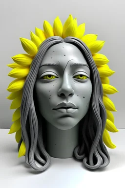 Full rubber female face with rubber effect in all face with grey and long yellow hair sponge rubber effect with a sunflower