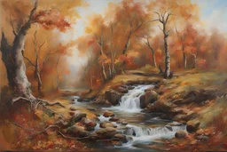 ((best quality)), ((masterpiece)), ((realistic,digital art)), (hyper detailed), Valerie Hegarty style painting of a river landscape in autumn, a scenic environment, painted by Valerie Hegarty