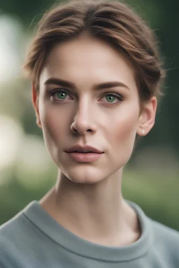 Beautiful girl with small green eyes. Brown short hair. Thick eyebrows and big plump lips, piercings on the ears. thin snub nose. Grey golf. Cinematic Portrait. Looks like young Julia Roberts.
