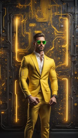 Hyper Realistic handsome muscular Electric-Superhero wearing long-fancy-yellow-tuxedo & fancy-sunglasses in a dark-rustic-circuit-room with electric-sparks & a massive circuit-board-wall