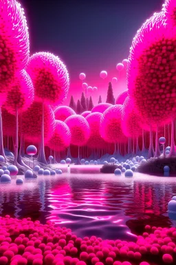 A stunning forest with tree made out of plastics and a lake of white small balls ad water, surreal, Dali, Van Gogh, fine line art styles , fantasy world ,3D , 8k, dim lighting and clouds is fume, dark red colors