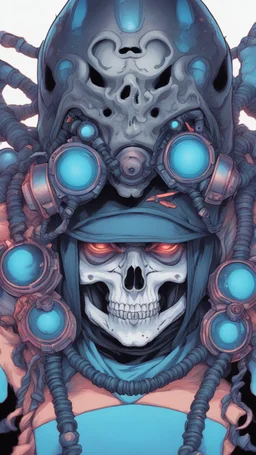 a close up of a person with a skull on their head, blue and black colors, anime skull portrait man, scary detailed art in color, hiroyuki-mitsume takahashi, nychos art aesthetic, half man half skeleton, anime cyberpunk art, colored manga art, rossdraws pastel vibrant, hot colors. insanely detailed, beautiful anime portrait, stunning anime face portrait, scary art in color
