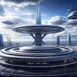 A breathtakingly realistic (((panoramic shot))) of a (magnificently futuristic City Hall) sprawling across the horizon, with intricate structures and cutting-edge technology jutting into the sky, greeted by (futuristic flying vehicles) gliding in from various directions and elegantly descending onto a designated landing platform below